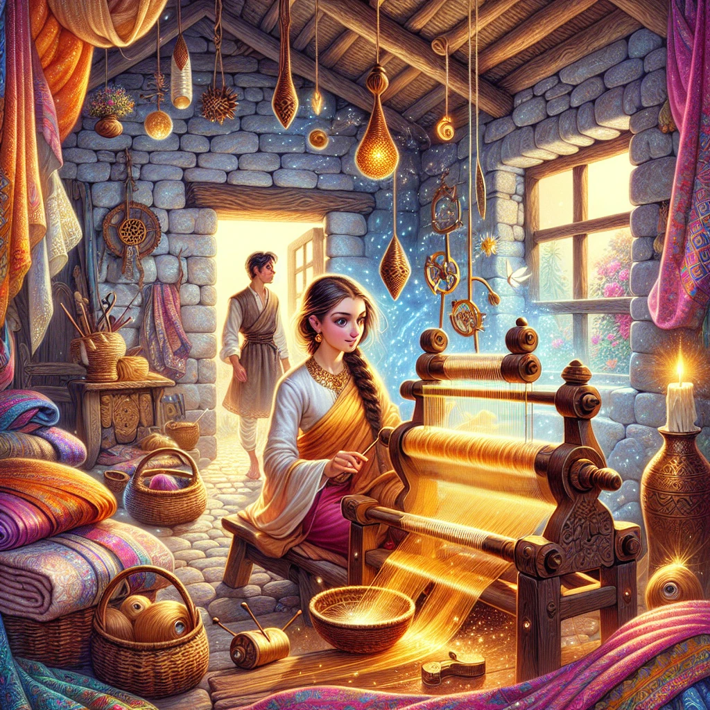 A young woman working at her loom while magical tools - a spindle, shuttle, and needle - float around her, creating beautiful cloth