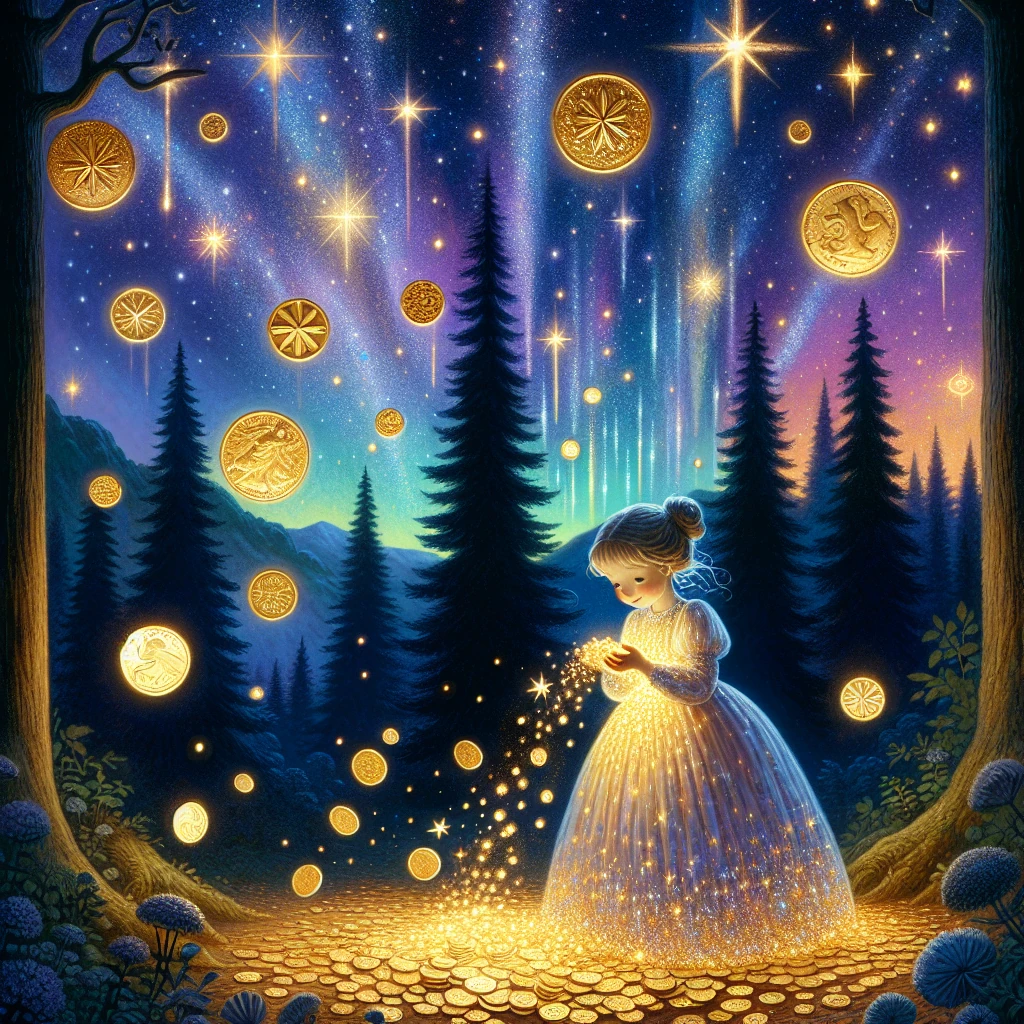 A small orphan girl standing under a starry night sky as golden coins fall from the stars like rain around her
