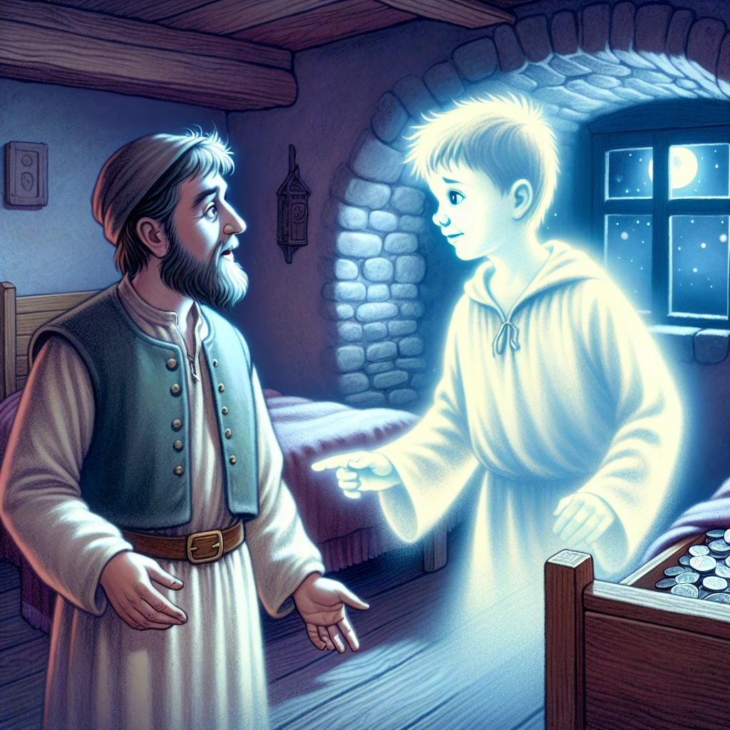 A small child's spirit appearing before his father in a moonlit room, pointing to where stolen coins are hidden
