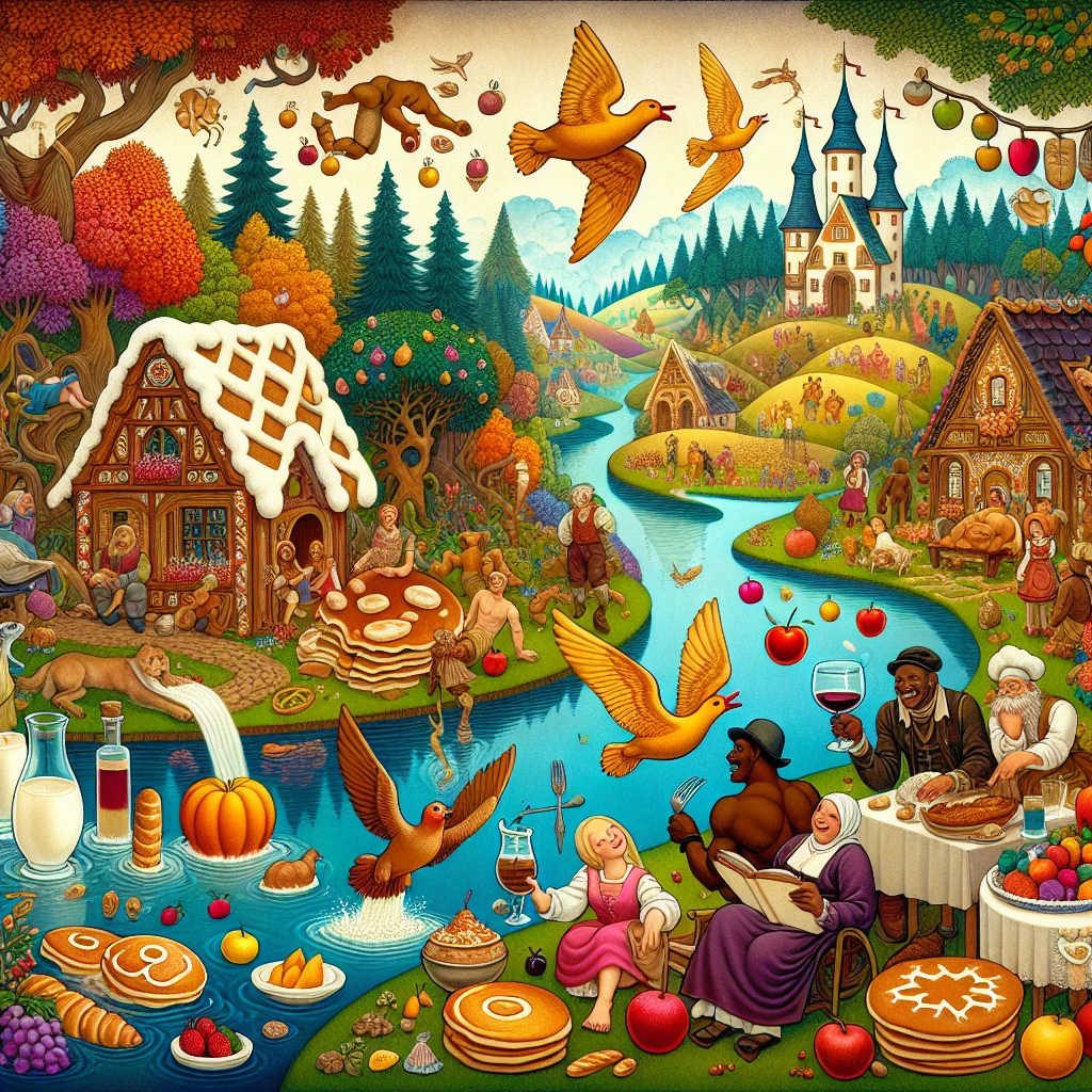 A whimsical fantasy land where roasted chickens fly around with forks in them, rivers flow with wine, and houses are made of gingerbread