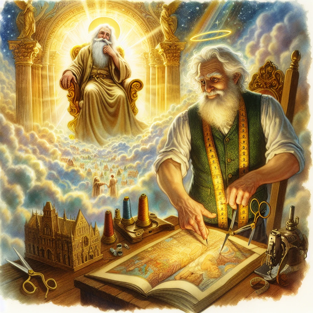 A thin, elderly tailor in traditional clothes peeks through heaven's golden gate, while Saint Peter sleeps nearby. The tailor is half in and half out of the gate, looking down at Earth through fluffy clouds. His expression shows both curiosity and mischief.
