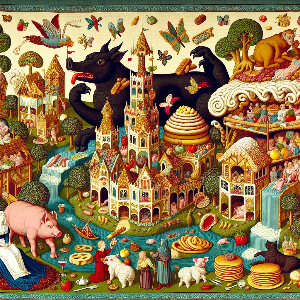 The mythical land of Cockaigne with rivers of wine, roasted animals walking around ready to eat, houses made of sweets, and people lounging in abundant luxury