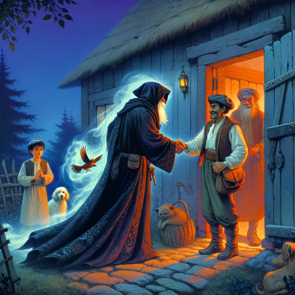 A mysterious sorcerer in a flowing robe stands before a farmhouse door, exchanging a handshake with a worried-looking peasant father while a young boy looks on. Around them, magical animals—a dog, bird, and fish—appear to be partially transformed between animal and human forms, creating an atmosphere of enchantment and unease.