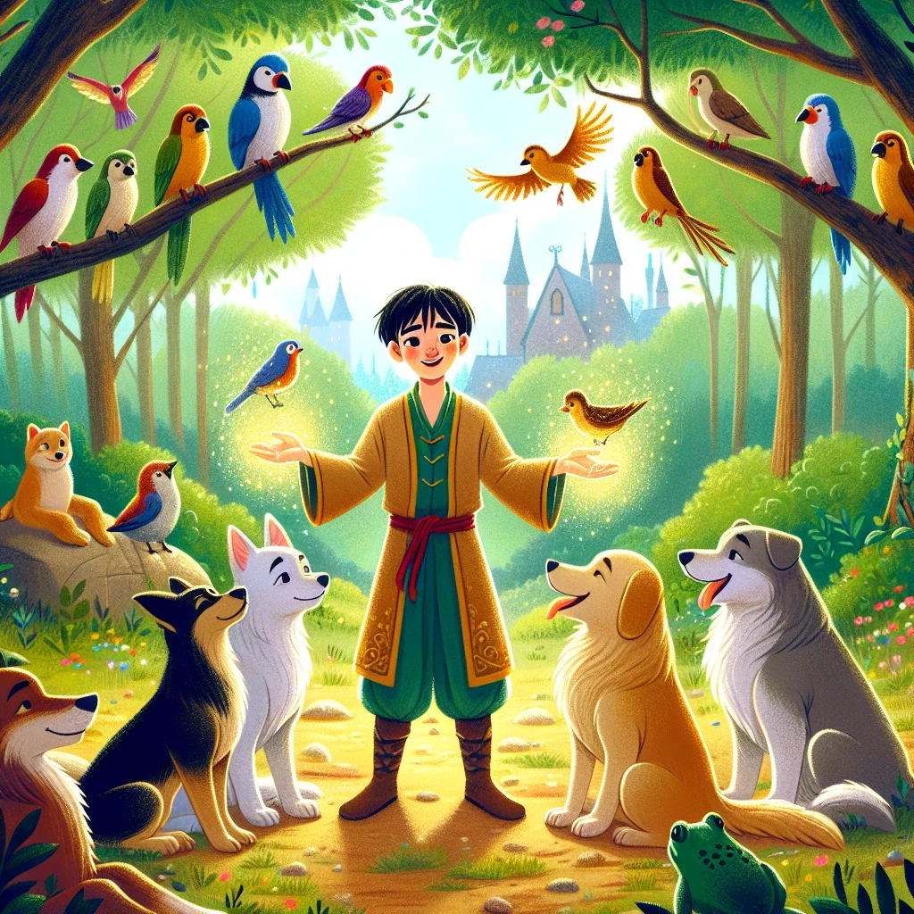 A young man in medieval attire stands in a mystical forest clearing. Around him are three groups of animals: dogs, birds, and frogs. He appears to be communicating with them, as rays of golden light connect him to each group, symbolizing his understanding of their languages.