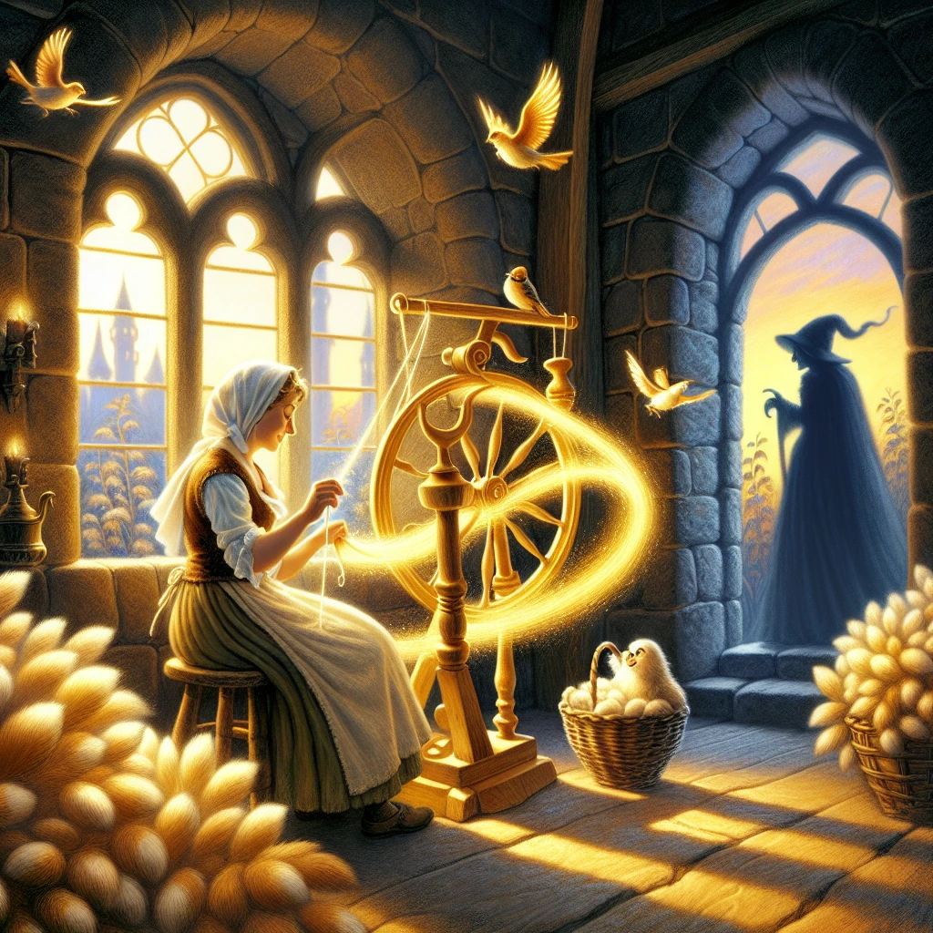 A beautiful maiden working in a magical garden while a prince watches from afar, with a castle in the distance