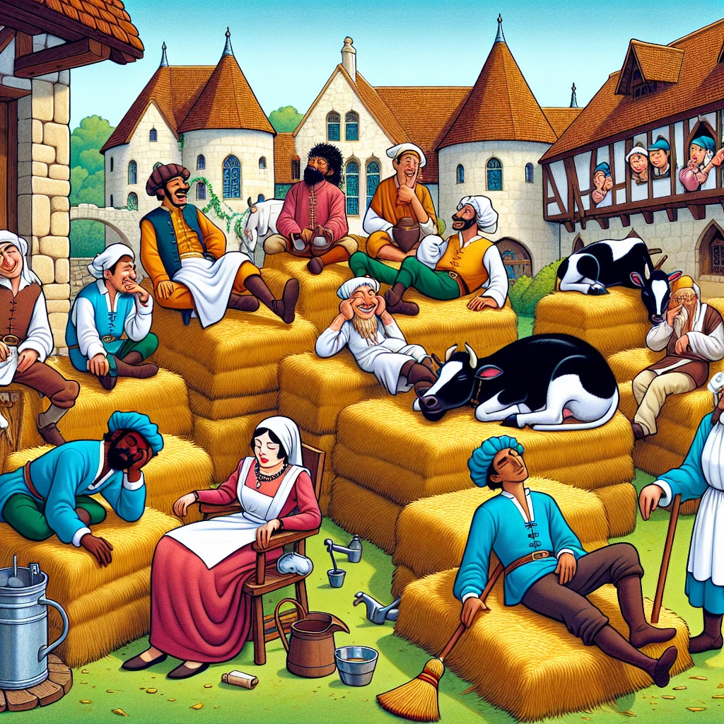 Twelve lazy servants lounging around a grand house, each finding creative ways to avoid their duties