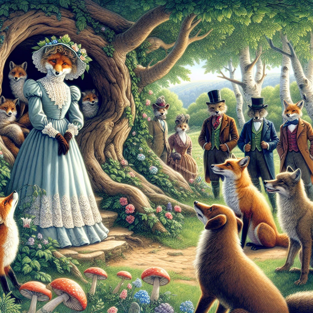A gathering of woodland animals outside a cozy fox den. In the center stands an elegant Mrs. Fox in a fine dress, evaluating a line of suitor animals dressed in their finest attire. Mr. Fox peeks secretly from behind a tree, watching the proceedings with amusement.