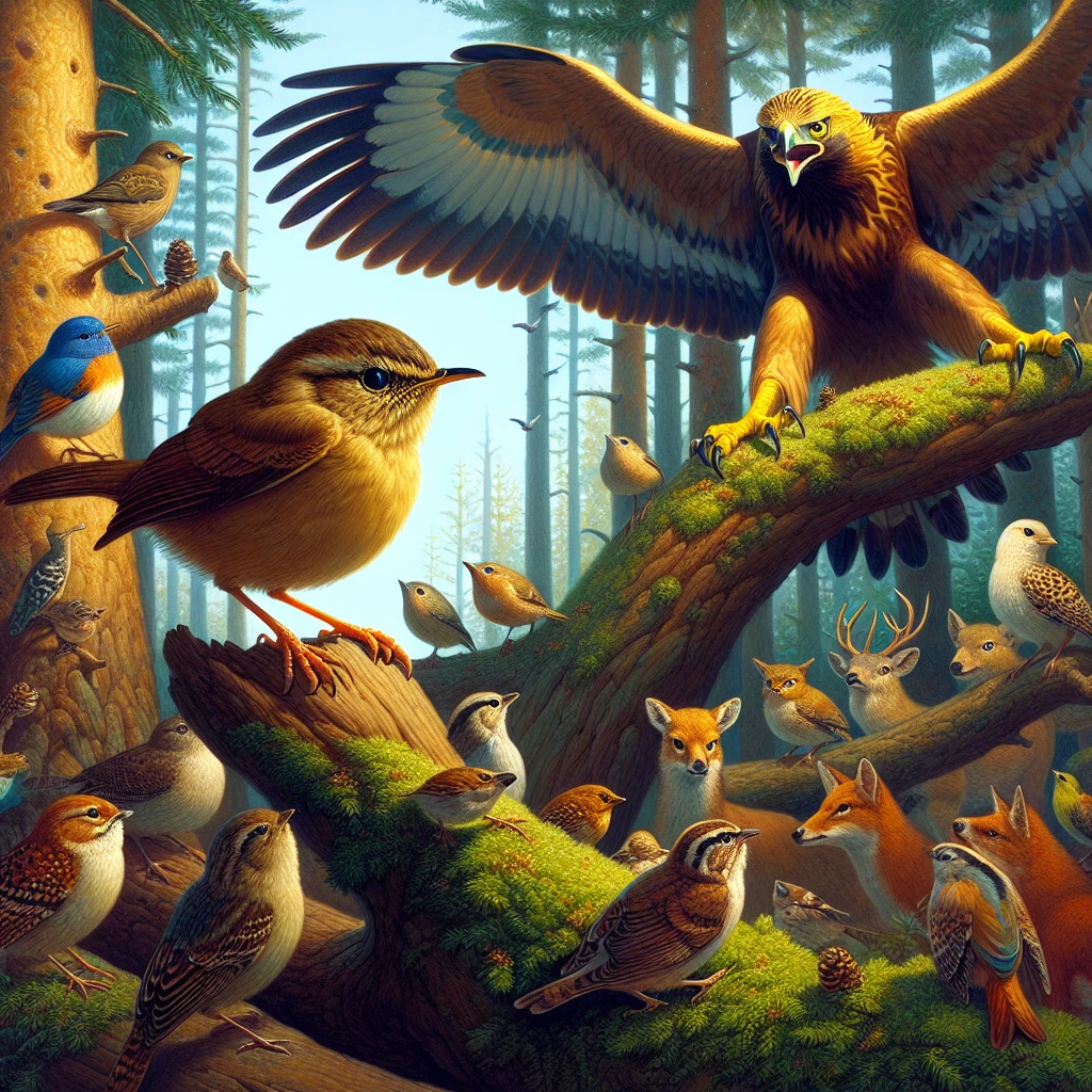 A tiny willow-wren perched proudly on a branch facing off against a magnificent golden eagle, with other birds gathering in the forest around them
