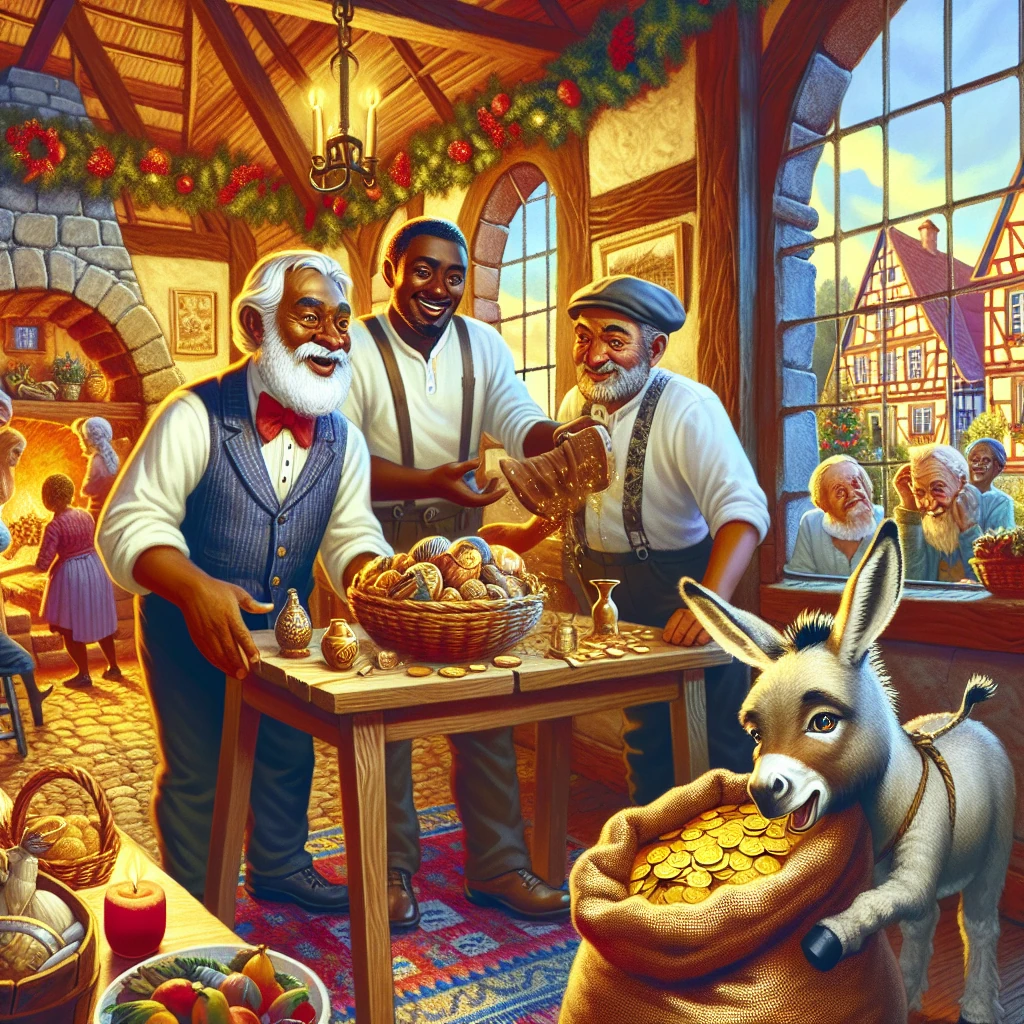 A magical scene showing three brothers with their magical treasures: a wooden table covered with delicious food, a donkey with gold coins beneath it, and a sack with a cudgel peeking out. The brothers stand together in a cozy cottage with surprised expressions as the magic unfolds around them.