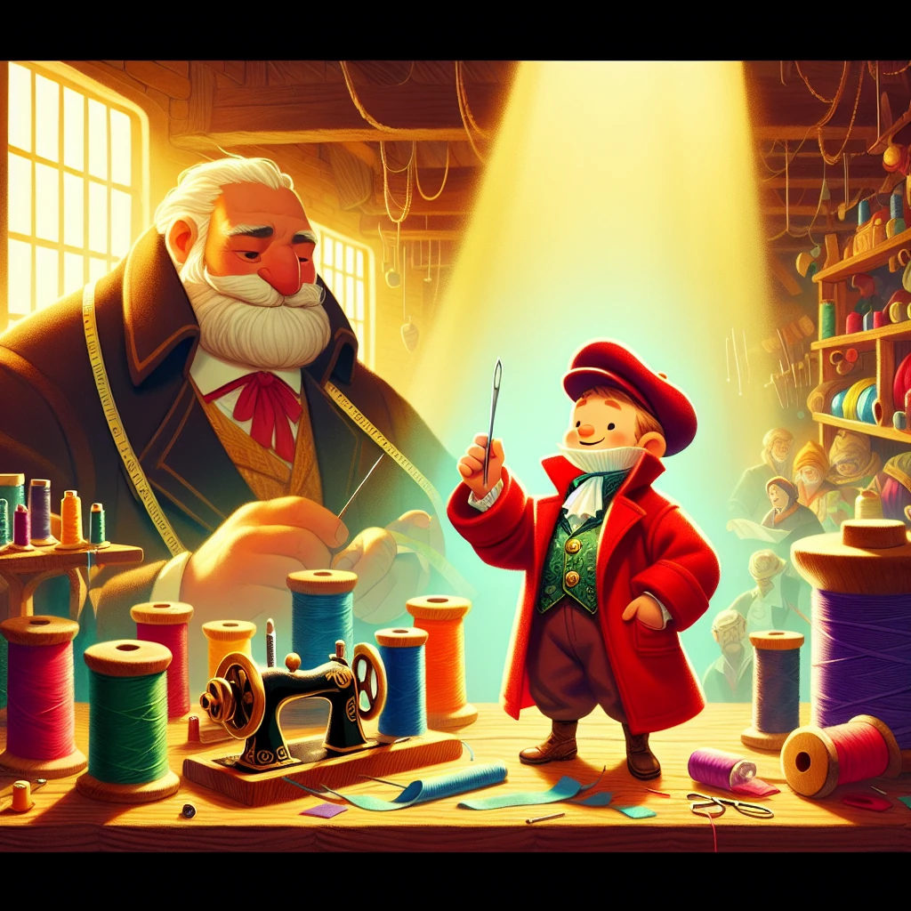 A tiny tailor no bigger than a thumb stands proudly on a wooden table, wearing a bright red coat and a tailor's cap. He is holding a miniature needle like a sword while facing a giant who peers down at him with a surprised expression. The tailor's workspace contains oversized (to him) spools of colorful thread, fabric, and sewing tools. The scene is warmly lit by sunlight streaming through a workshop window, creating a charming contrast between the diminutive hero and his surroundings.