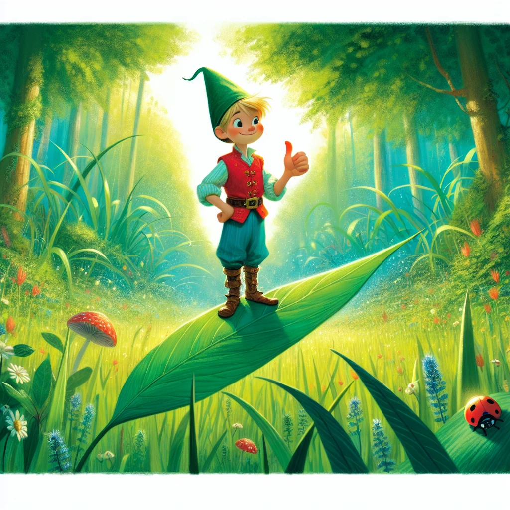 A tiny thumb-sized boy in bright clothing stands confidently on a large green leaf, hands on hips. Around him, oversized objects like blades of grass, flowers, and a ladybug emphasize his minuscule size, while sunlight filters through leaves above.