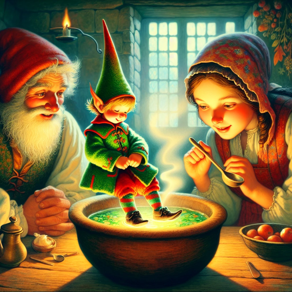 A tiny Tom Thumb sits on the rim of a wooden soup bowl, his feet dangling into the broth. He's wearing bright green and red clothing with a pointed hat. His parents, looking both amazed and concerned, lean over the table watching him. The rustic kitchen scene is warmly lit by firelight, with steam rising from the soup, creating a magical atmosphere around the miniature hero who is no larger than his father's thumb.