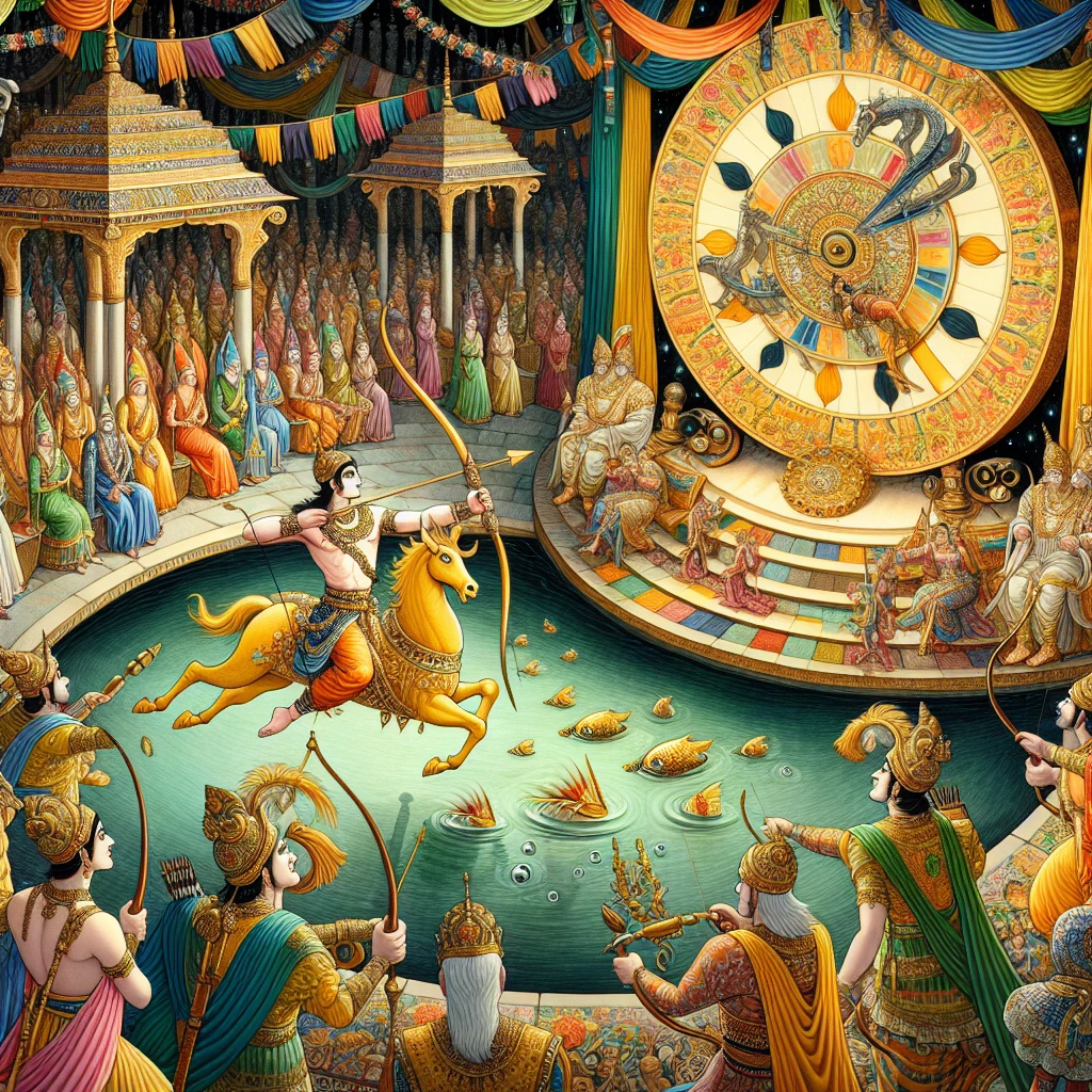 Arjuna in disguise as a brahmin successfully striking the rotating fish target while Draupadi watches