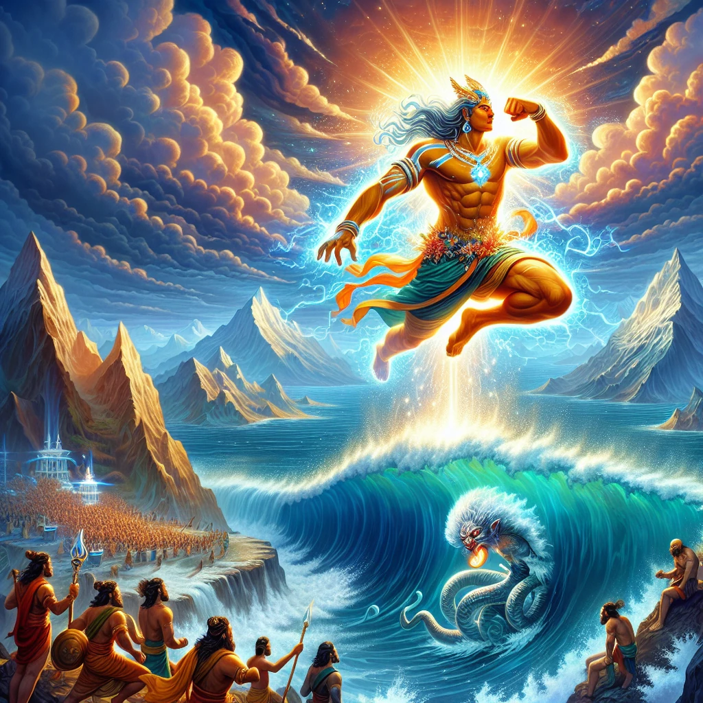 Hanuman leaping majestically across the vast ocean from mountain peak to Lanka with his mace in hand