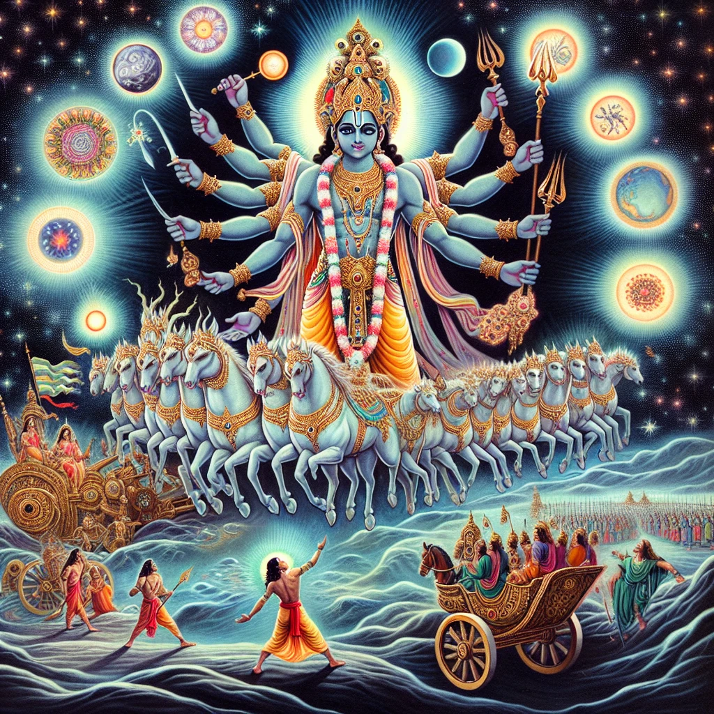 Krishna revealing his divine form to Arjuna on the battlefield while imparting spiritual wisdom