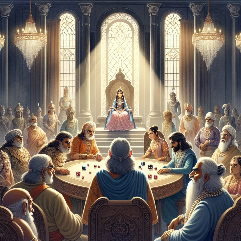 Yudhishthira playing dice while Draupadi is dragged into the assembly hall by Dushasana