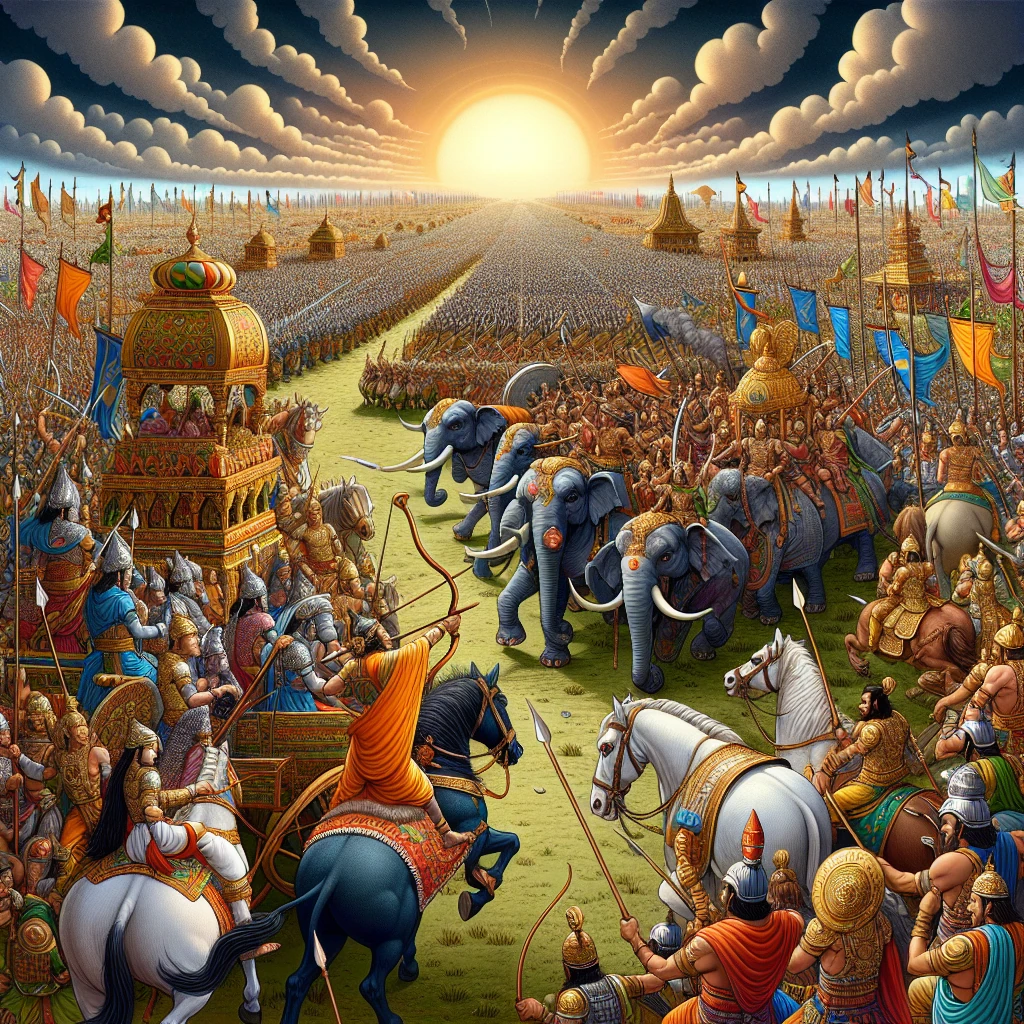 The vast battlefield of Kurukshetra with armies facing each other, Krishna and Arjuna in their chariot