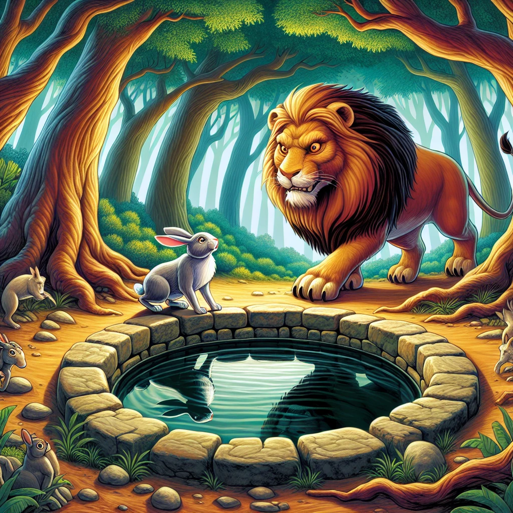 A small brave rabbit cleverly leading the fierce lion to look at his own reflection in a deep well