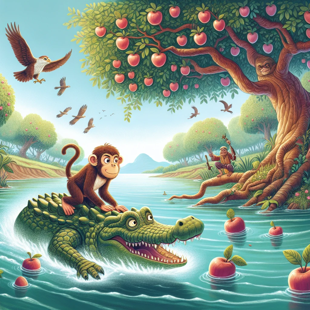 A clever monkey riding on a crocodile's back across the river while outsmarting the treacherous reptile