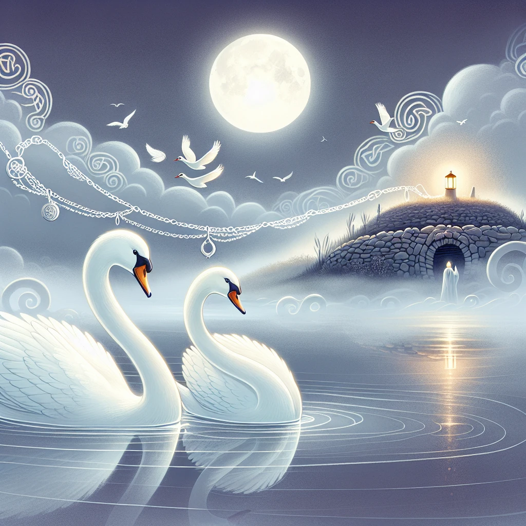 Two graceful swans with silver chains around their necks glide across a misty lake beneath Samhain moonlight
