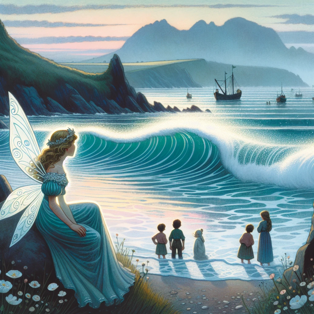 A sea-swept shore at dawn; a regal fairy woman looks toward the tide as a great wave curls with a pearly sheen