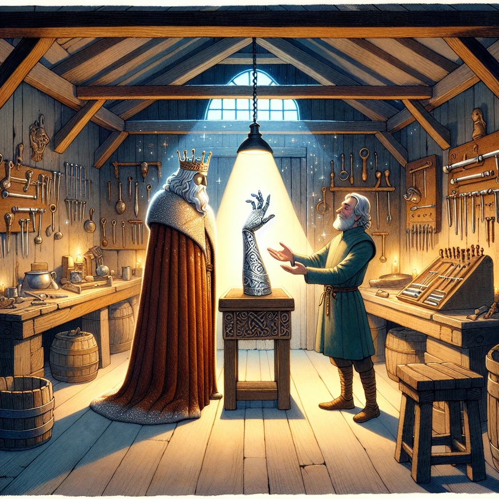 A calm healer-smith fits a silver arm to a king’s shoulder in a lamplit workshop; tools neat, expressions respectful
