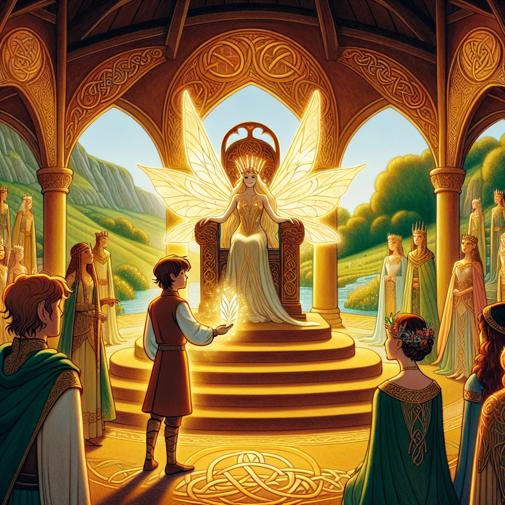 A regal fairy king greets a respectful mortal in a lit hall beneath a hill; intricate patterns, gentle courtly figures