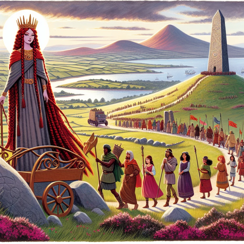 Queen Medb on a chariot overlooking Sligo Bay, with stones carried by people forming a cairn atop Knocknarea