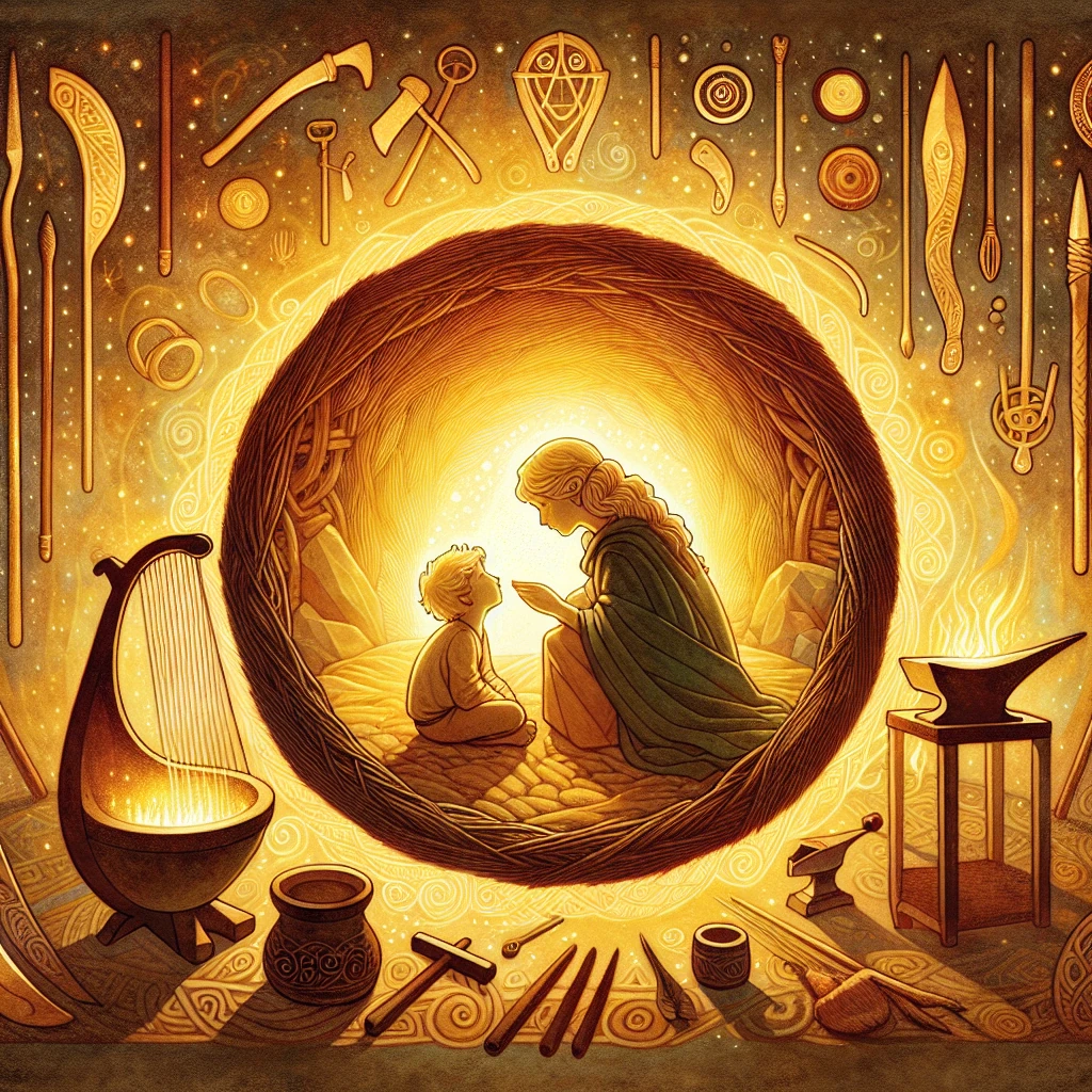A radiant child cradled as dawn light enters a ringfort; elders look on, and symbols of many crafts surround