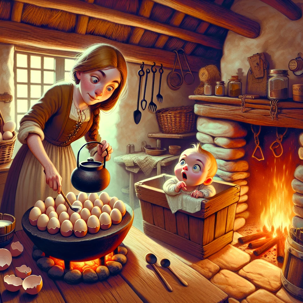 A mother by the hearth pours pretend brew into eggshells while a wizened changeling watches, astonished