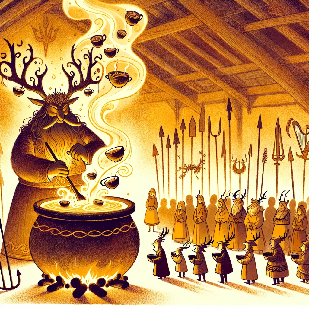 The Dagda, genial and mighty, stirs a great cauldron as steam forms playful shapes; people gather with bowls, smiling