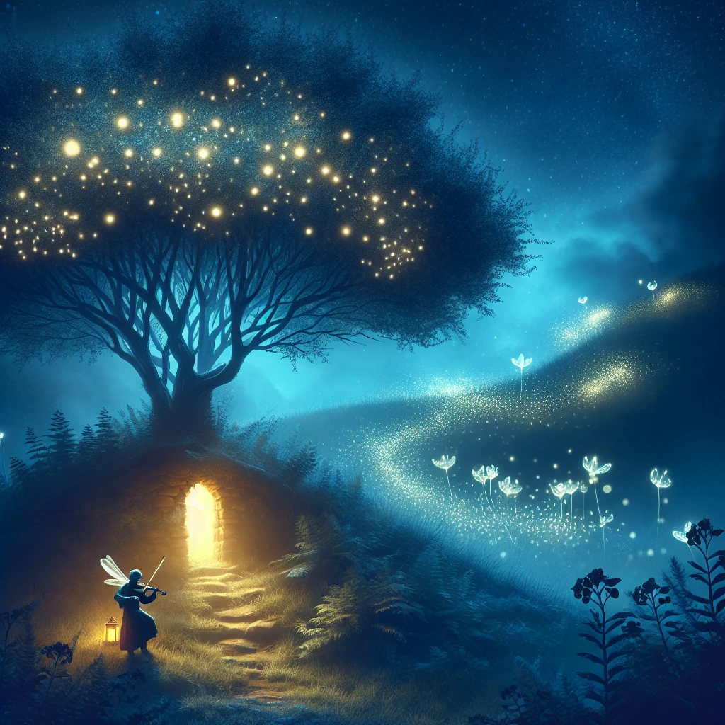 A fiddler plays beneath a fairy hill’s hawthorn while tiny lights swirl; dawn hints on the horizon