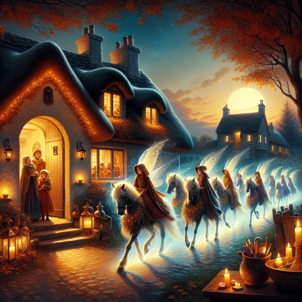 Lantern-lit cottage doorway while a shimmering procession of riders passes by the lane; family watches respectfully inside