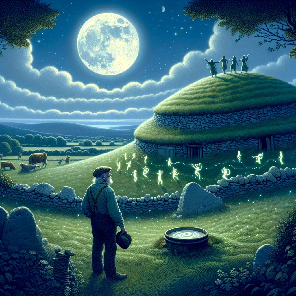 A moonlit ringfort on Keshcorran’s slopes with tiny fair folk dancing as a farmer watches, hat in hand