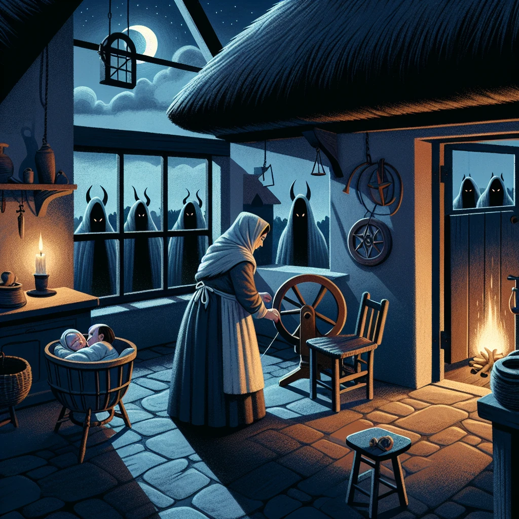 A determined Irish housewife chalks protection on her door while eerie silhouettes linger outside under moonlight