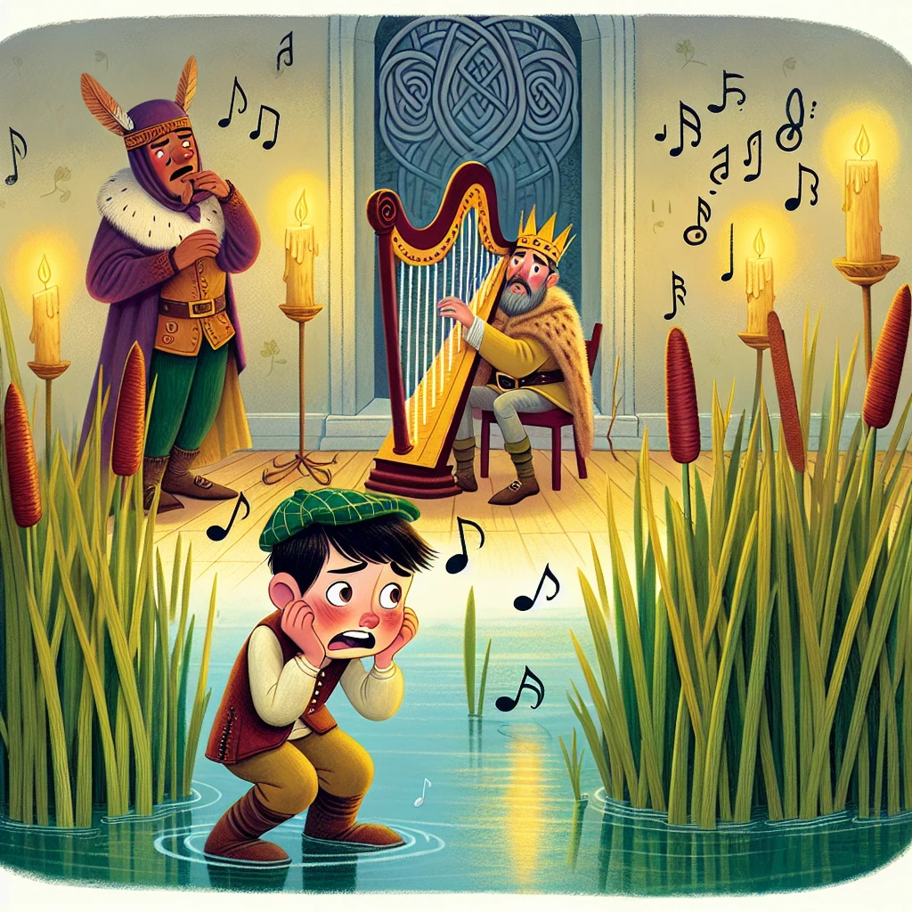 A nervous barber whispering into reeds by a lakeshore while a distant king with horse ears looks from a hill