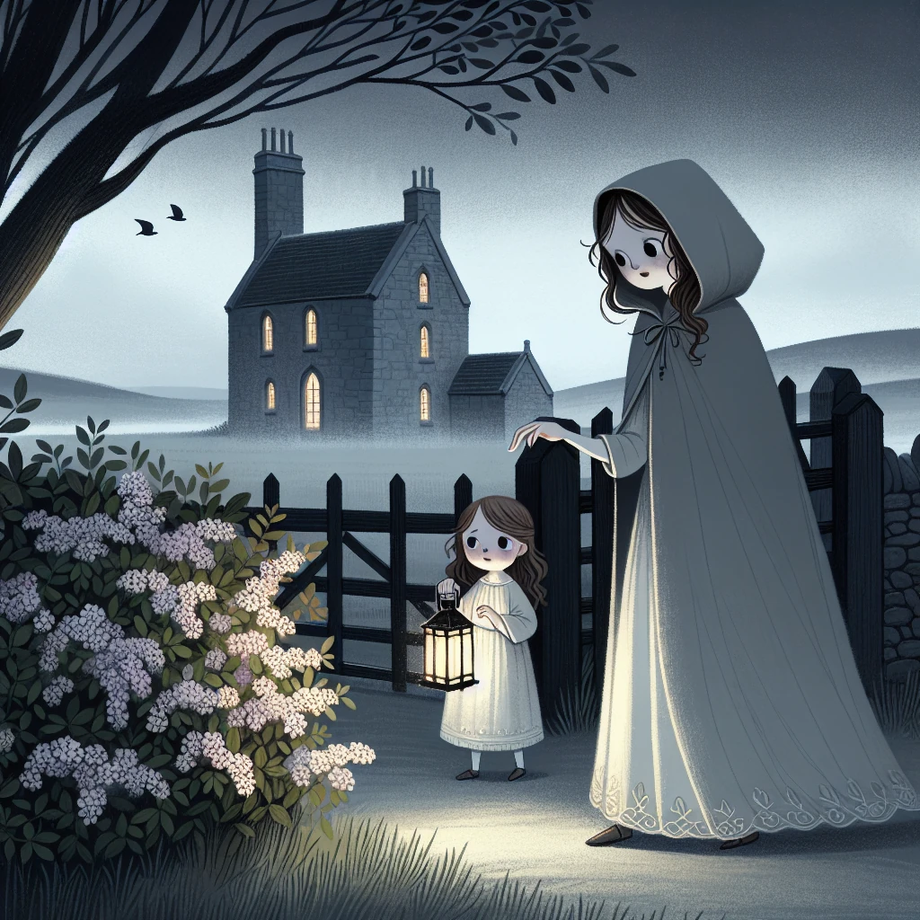 A gentle, spectral woman in grey keens softly by a hawthorn near an Ulster tower house, moonlit fields beyond