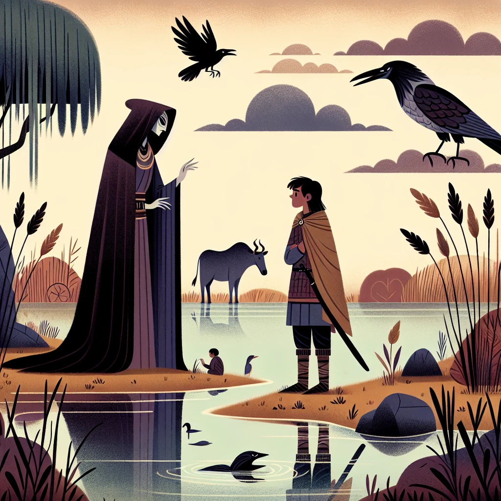 A raven-like goddess in shadowed mantle speaks by a river to a young warrior; reeds bend and the sky broods