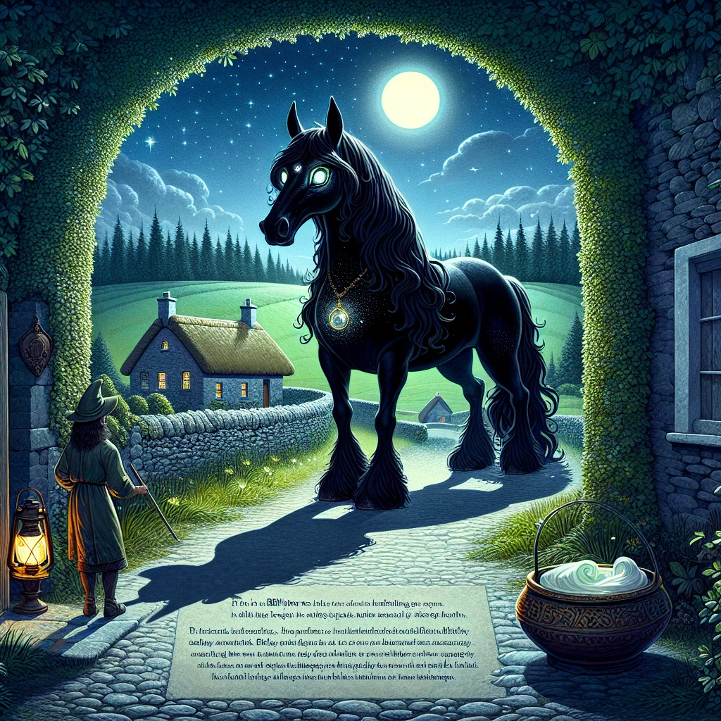 A playful dark púca in horse shape offering a wild night ride to a startled miller under a moonlit Irish lane