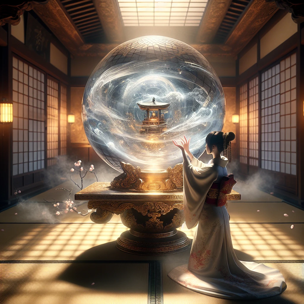 A mystical crystal ball floating above an ornate wooden stand, glowing with swirling mists and ethereal light, while a young Japanese woman in traditional robes gazes into its depths with reverent concentration