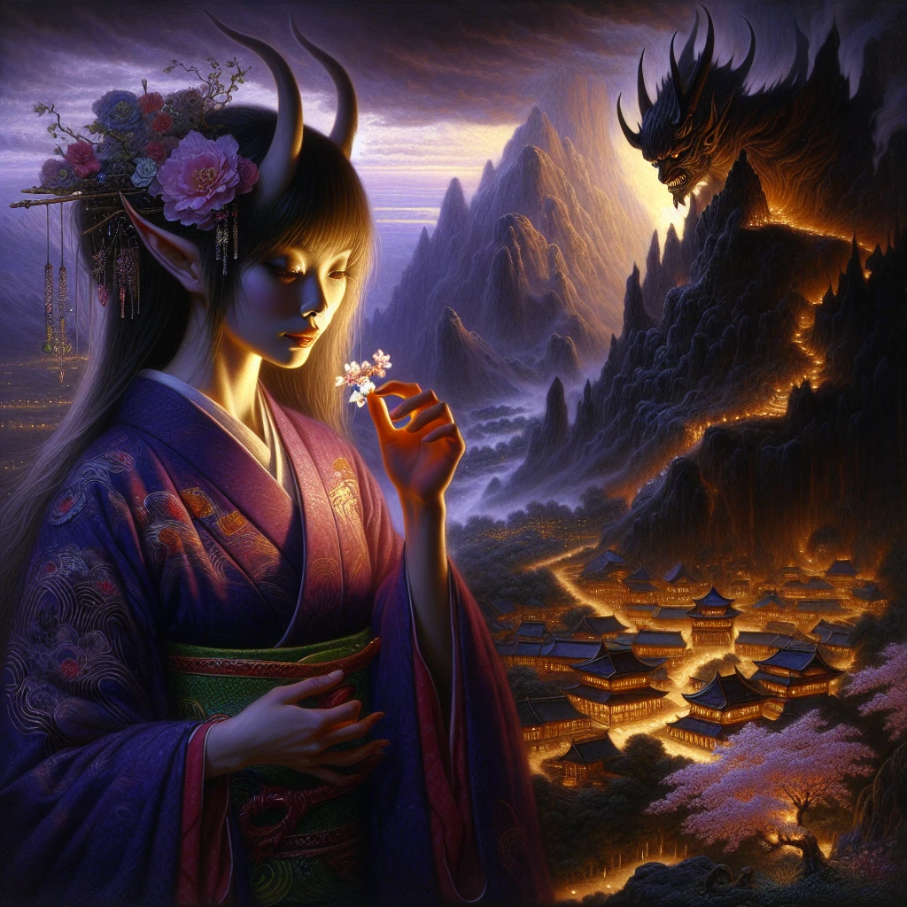 A beautiful young woman with subtle demonic features but kind eyes, standing at the border between a dark demonic realm and a bright human village