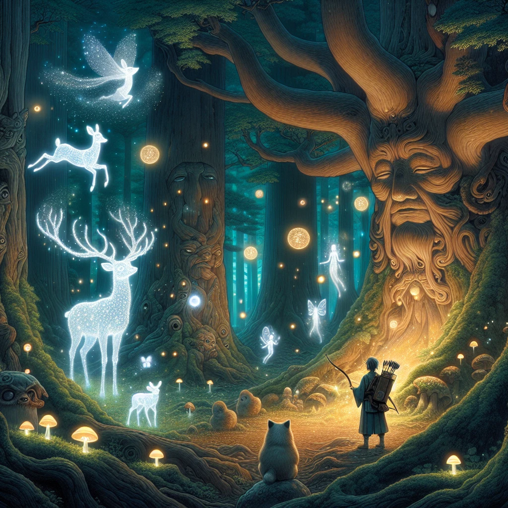 A magical forest glowing with ethereal light, where ancient trees have faces in their bark, glowing spirits float among the branches, and a young hunter stands in wonder among the mystical surroundings