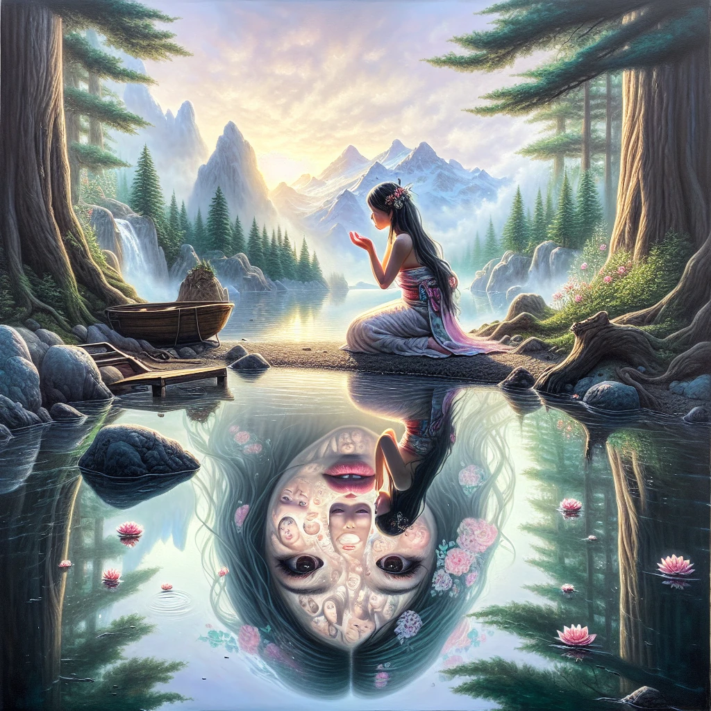 A mystical lake with mirror-like waters reflecting not just physical appearance but the true nature of a young woman kneeling by its edge, surrounded by ethereal mists and traditional Japanese landscape