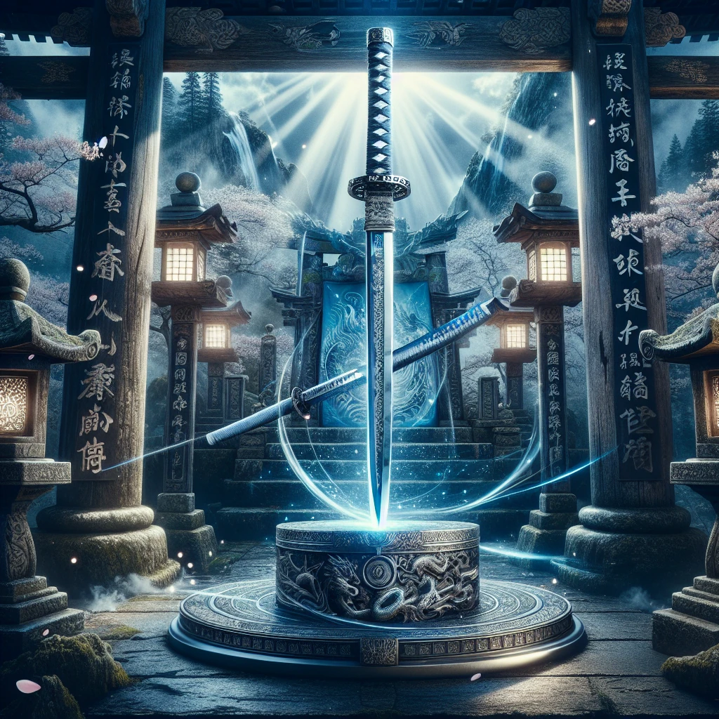 A magnificent katana sword floating in mid-air, glowing with ethereal blue light and surrounded by ancient Japanese spiritual symbols, in a sacred mountain shrine setting