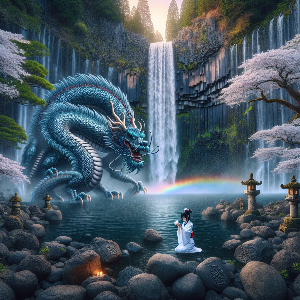 A magnificent waterfall cascading down black volcanic rock with a young girl kneeling respectfully beside a crystal-clear pool