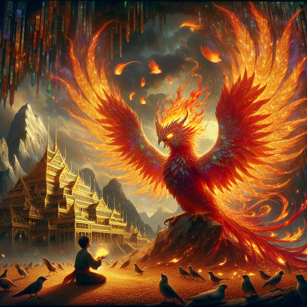 A magnificent phoenix with brilliant red and gold plumage, wings spread wide with flames dancing around its feathers, soaring over a Japanese mountain landscape