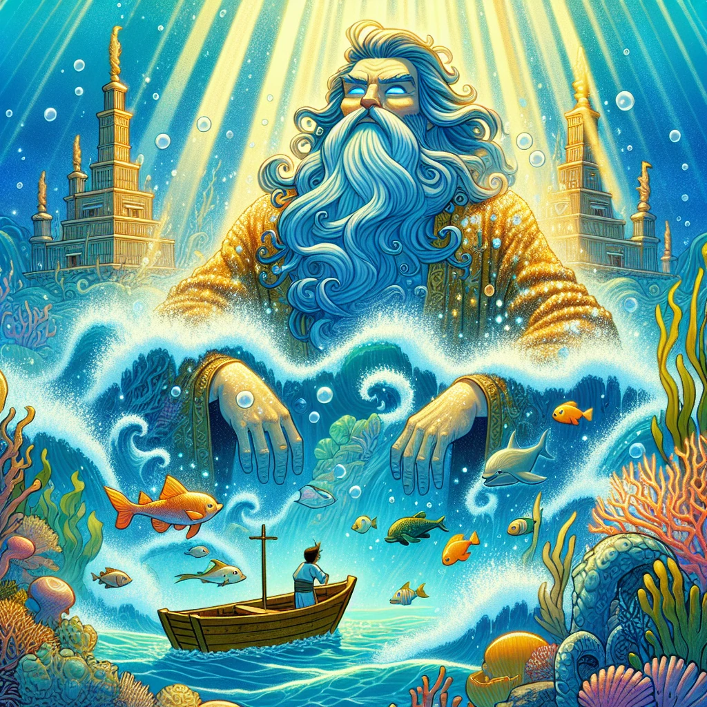 A magnificent Sea King with flowing beard and robes made of seaweed and waves, emerging from the ocean depths to meet a humble Japanese fisherman on his small boat