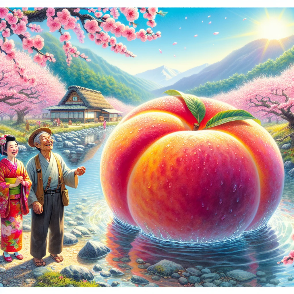 An enormous, perfectly ripe peach floating down a clear mountain river while an elderly Japanese couple watches in amazement from the riverbank