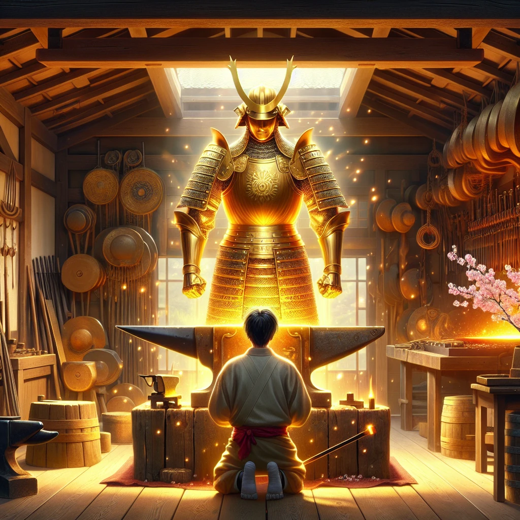A magnificent suit of golden armor glowing with divine light, standing in a traditional Japanese forge with a young apprentice kneeling reverently before it