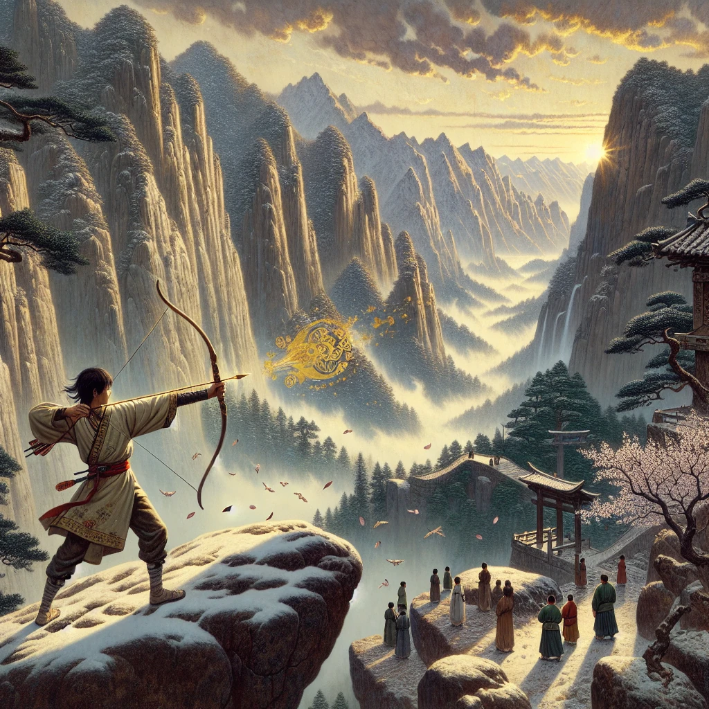 A young archer aiming a magnificent golden arrow at a massive boulder above a canyon where an ogre battles bandits